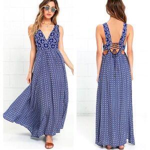 Lulus Coastal Composure Blue Geometric Print Lace Up Cut Out Maxi Dress size S
